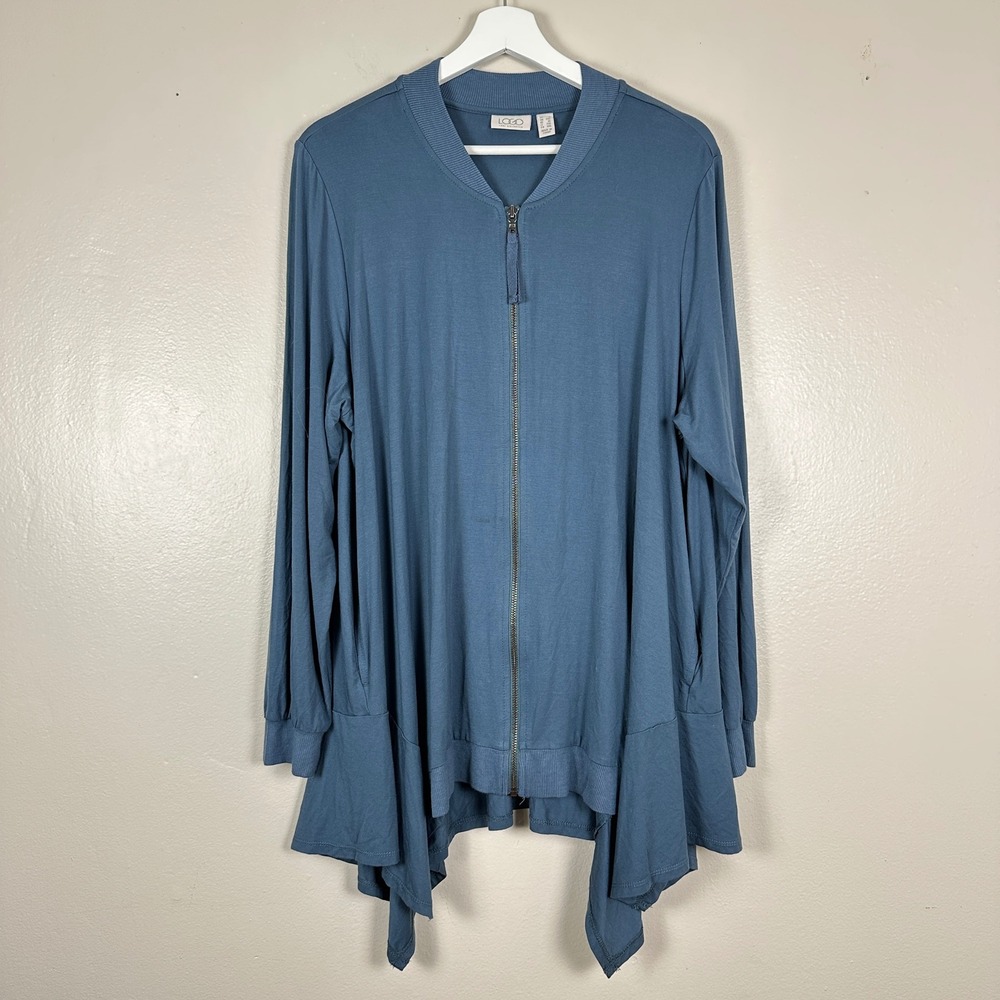 LOGO Lori Goldstein Womens 1X Zip Front‎ Cardigan Blue Sharkbite Hem A354552